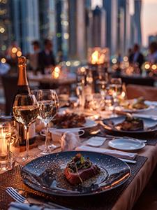 Elegant diner met zeevruchten, wijn en uitzicht op de kust bij zonsondergang.