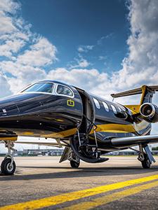 Een passagier loopt naar het privévliegtuig terwijl de crew hen verwelkomt op de landingsbaan.