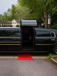 Witte limousine met open deur en rode loper bij de ingang.