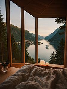 Rustig terras met uitzicht op het bos en zitgedeelte bij zonsondergang.