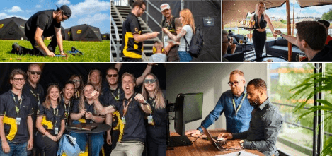 El equipo de Global-Tickets en acción: montando tiendas, dando la bienvenida a los invitados, trabajando en la oficina y disfrutando de los eventos juntos